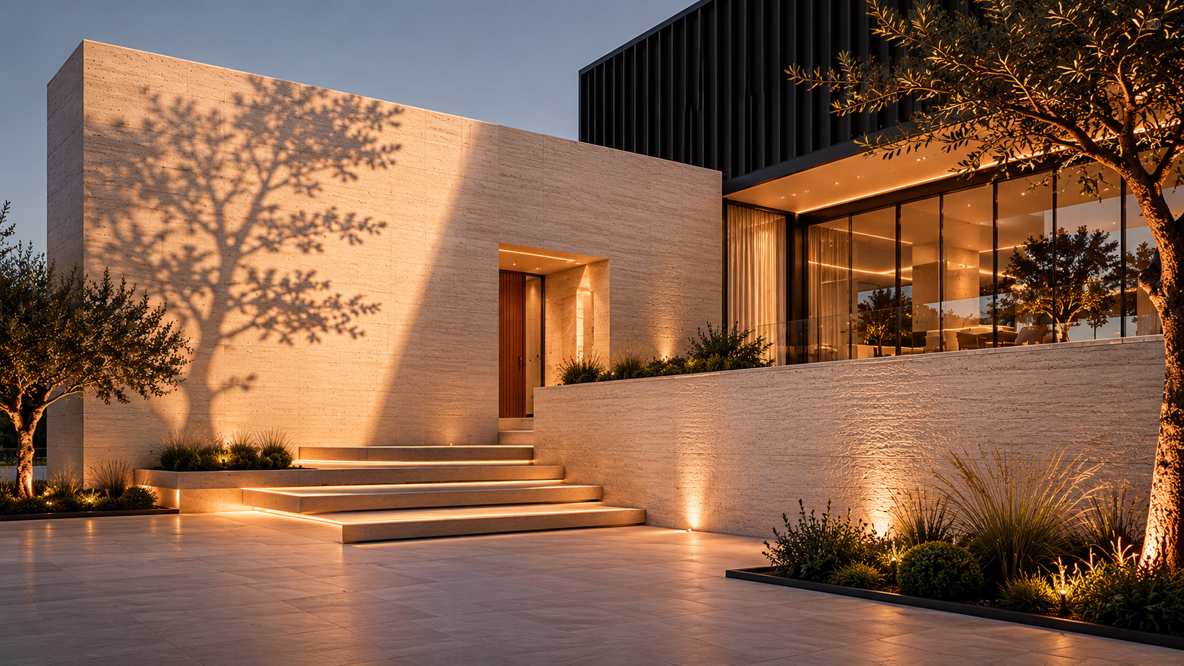 Facciata in pietra chiara di un edificio contemporaneo VEMA DOMUS al tramonto, con ulivi e scale illuminate