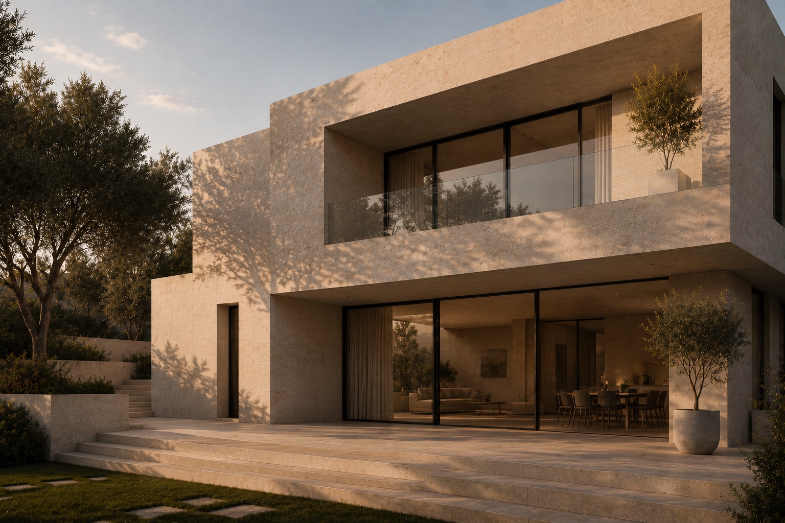 Villa contemporanea al crepuscolo con muri in pietra chiara e ulivi