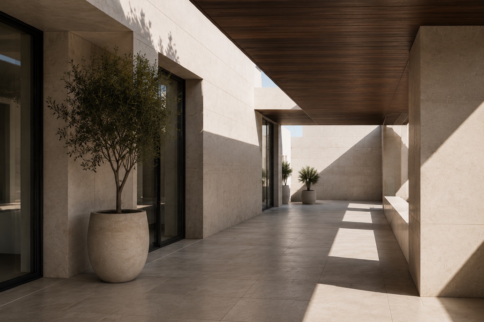 Loggia in pietra chiara con ulivi e copertura in legno, architettura contemporanea VEMA DOMUS