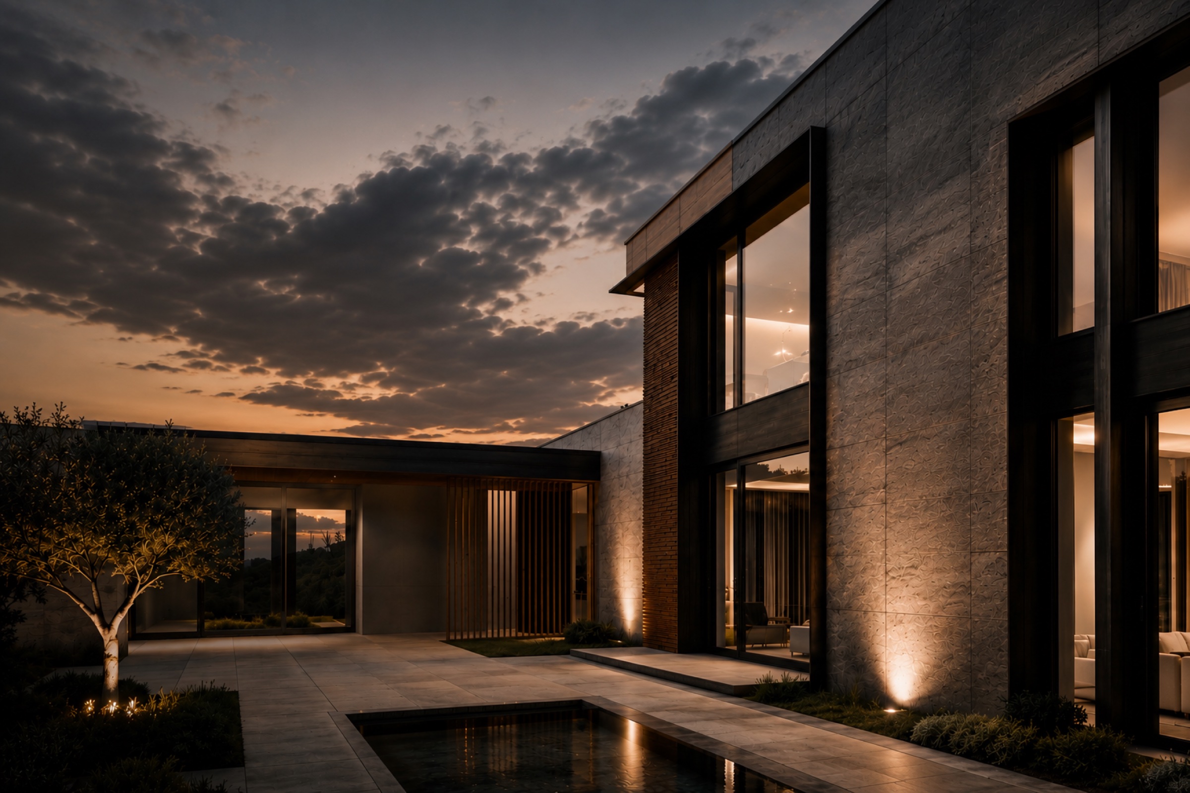 Villa contemporanea al tramonto con corte interna, vasca d'acqua e illuminazione architetturale — portfolio VEMA DOMUS