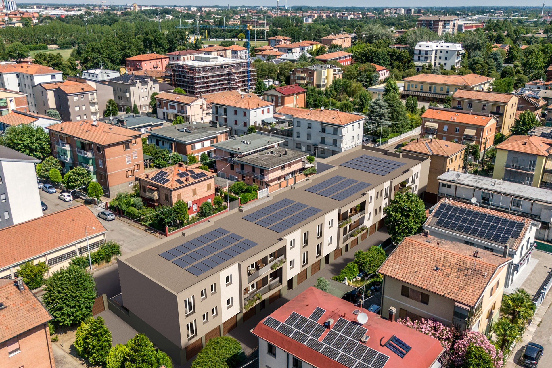 Copertura di Z.SEVEN a Modena con impianto fotovoltaico per ogni appartamento