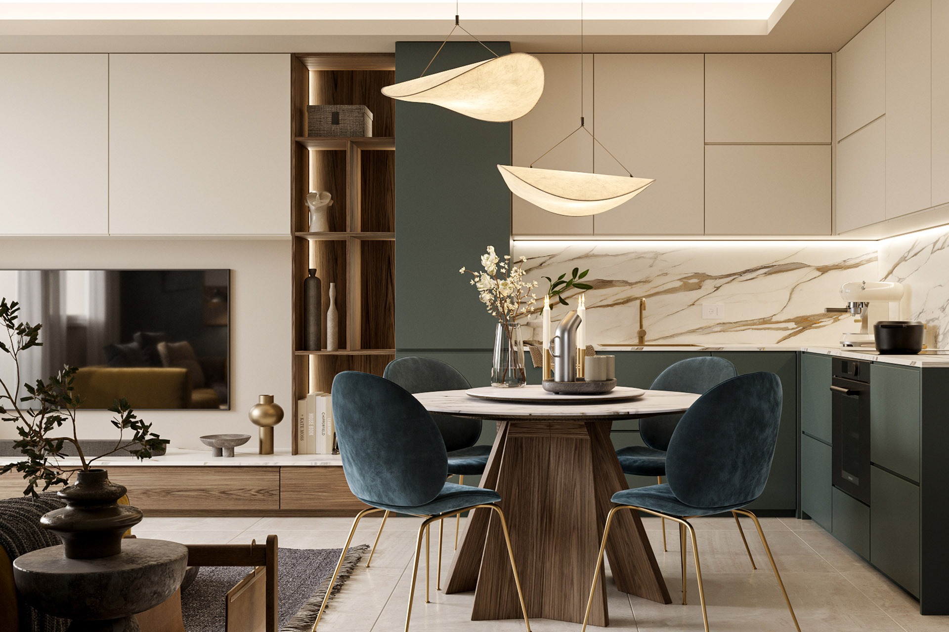 Cucina con isola e tavolo da pranzo in un appartamento Z.SEVEN a Modena